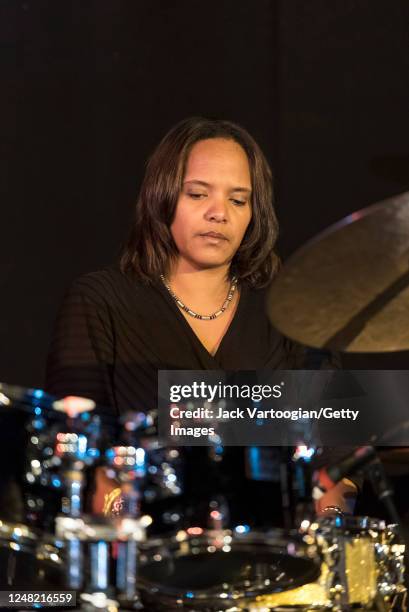 American Jazz musician Terri Lyne Carrington plays drums as she performs during the NYC Winter JazzFest 2015 at the Minetta Lane Theatre, Greenwich...