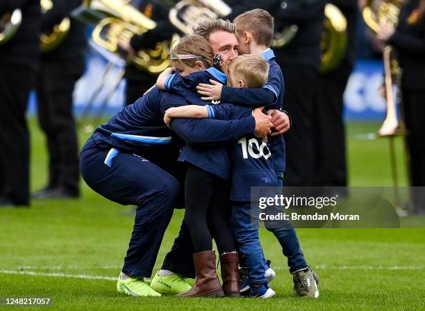 Scotland , United Kingdom - 12 March 2023; Stuart Hogg of Scotland hugs his children Olivia, George and Archie before the Guinness Six Nations Rugby...