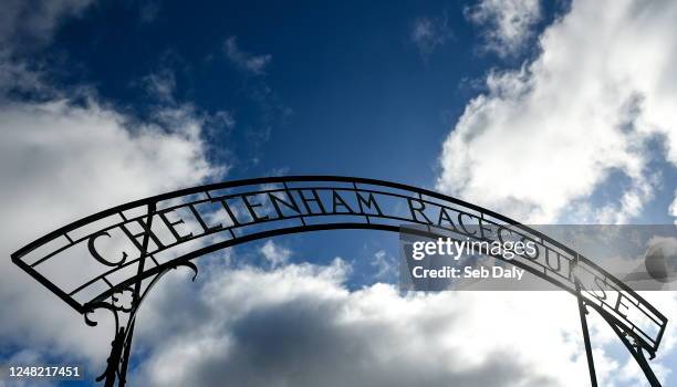 Gloucestershire , United Kingdom - 14 March 2023; A view of the original Cheltenham Racecourse entrance sign ahead of racing on day one of the...