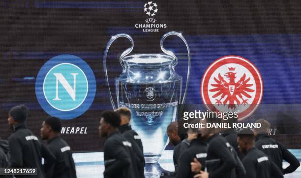 Frankfurt's players take part in a training session on the eve of the UEFA Champions League round of 16, 2nd-leg football match SSC Napoli vs...