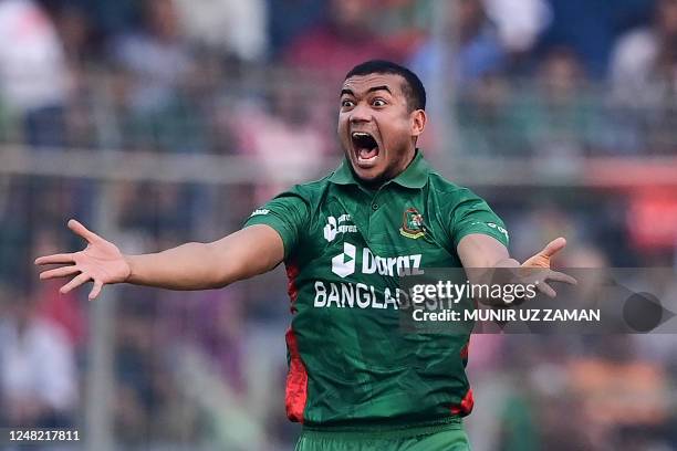 Bangladesh's Taskin Ahmed makes an unsuccesful appeal against England's Dawid Malan during the third and final Twenty20 international cricket match...