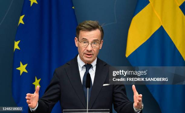 Sweden's Prime Minister Ulf Kristersson holds a press briefing on the NATO process in Stockholm, Sweden, March 14, 2023. - Kristersson said that the...