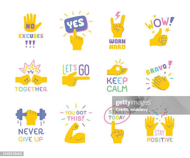 ilustraciones, imágenes clip art, dibujos animados e iconos de stock de citas inspiradoras con gestos de mano - emoji sports vector