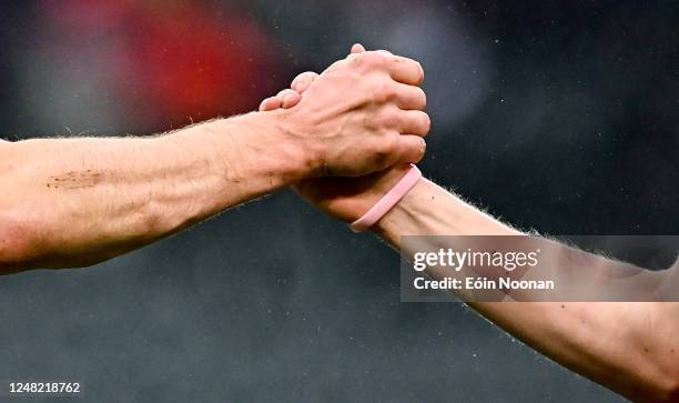 Cork , Ireland - 12 March 2023; Cork players Seamus Harnedy, left, and Conor Cahalane shake hands after during the Allianz Hurling League Division 1...