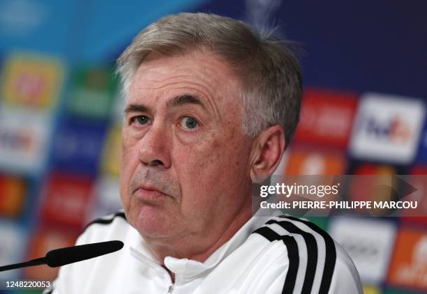 Real Madrid's Italian coach Carlo Ancelotti holds a press conference at the Ciudad Real Madrid training complex in Valdebebas, outskirts of Madrid on...