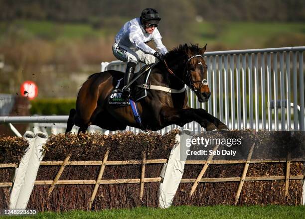 Gloucestershire , United Kingdom - 14 March 2023; Constitution Hill, with Nico de Boinville up, jump the last on their way to winning the Unibet...