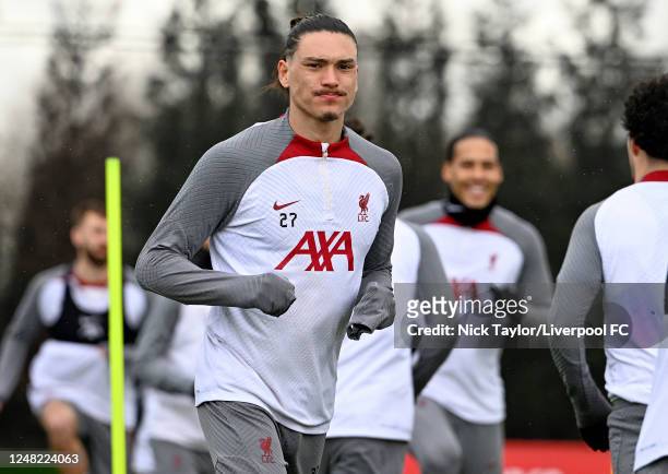 Darwin Nunez of Liverpool during a training session at the Axa Training Centre ahead of their UEFA Champions League round of 16 match against Real...