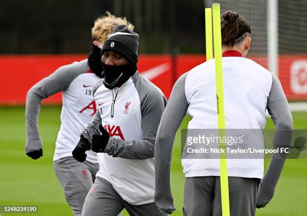 Naby Keita of Liverpool during a training session at the Axa Training Centre ahead of their UEFA Champions League round of 16 match against Real...