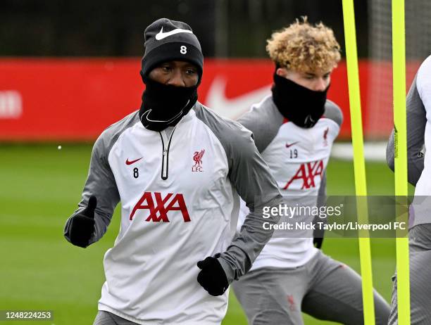 Naby Keita of Liverpool during a training session at the Axa Training Centre ahead of their UEFA Champions League round of 16 match against Real...