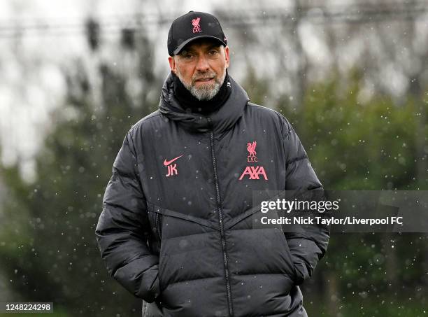 Manager Jurgen Klopp of Liverpool during a training session at the Axa Training Centre ahead of their UEFA Champions League round of 16 match against...