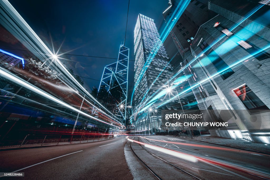 Car trails on night street at Hong Kong central