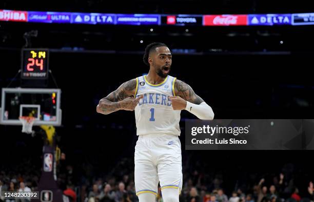 Los Angeles Lakers guard De'Angelo Russell celebrates after scoring a three-pointer against the Knicks in the first half at Crypto.com Arena in Los...