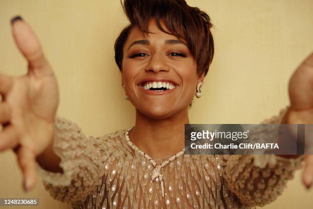 Actor and singer Ariana DeBose is photographed backstage at the 2023 EE BAFTA Film Awards, held at The Royal Festival Hall on February 19, 2023 in...