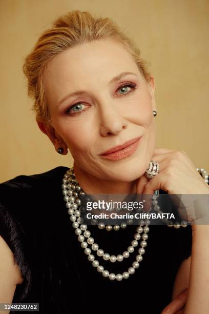 Actor Cate Blanchett is photographed backstage at the 2023 EE BAFTA Film Awards, held at The Royal Festival Hall on February 19, 2023 in London,...