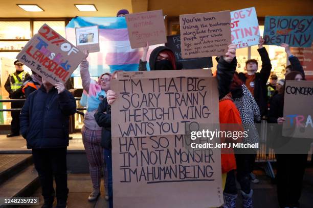 Trans rights activists protest at a Gender Identity Talk held at Portobello Library on March 14, 2023 in Edinburgh, Scotland. Concerned Adults...
