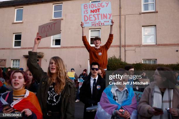 Trans rights activists protest at a Gender Identity Talk held at Portobello Library on March 14, 2023 in Edinburgh, Scotland. Concerned Adults...
