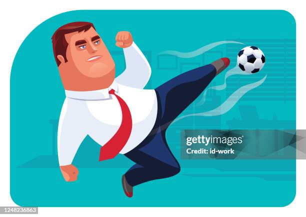 ilustrações, clipart, desenhos animados e ícones de empresário chutando futebol no escritório - funny football cartoons