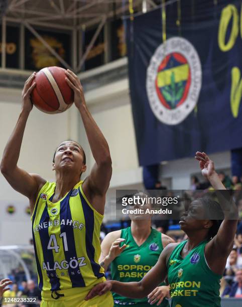 Kiah Irene Stokes of Fenerbahce Alagoz Holding in action against Olivia Epoupa of Sopron Basket during the FIBA Women's Europa League Quarter-Final...