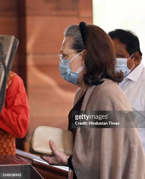 Congress MP and UPA chairperson Sonia Gandhi arrives at Parliament during the Budget Session on March 14, 2023 in New Delhi, India.