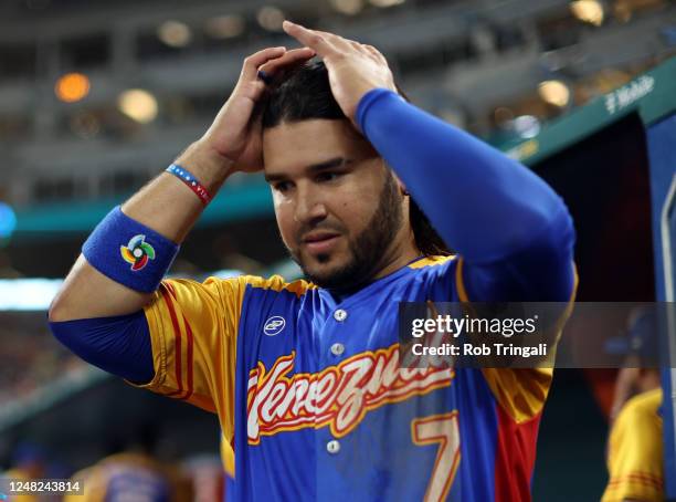 Eugenio Suárez of Team Venezuela is seen in the dugout during Game 7 of Pool D between Team Nicaragua and Team Venezuela at loanDepot Park on...