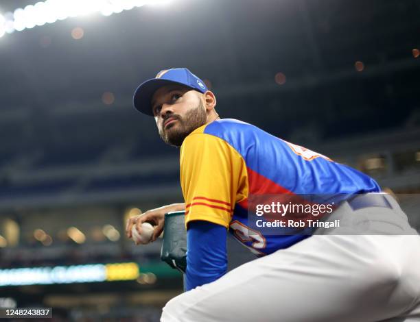 Pablo López of Team Venezuela is seen in the dugout during Game 7 of Pool D between Team Nicaragua and Team Venezuela at loanDepot Park on Tuesday,...