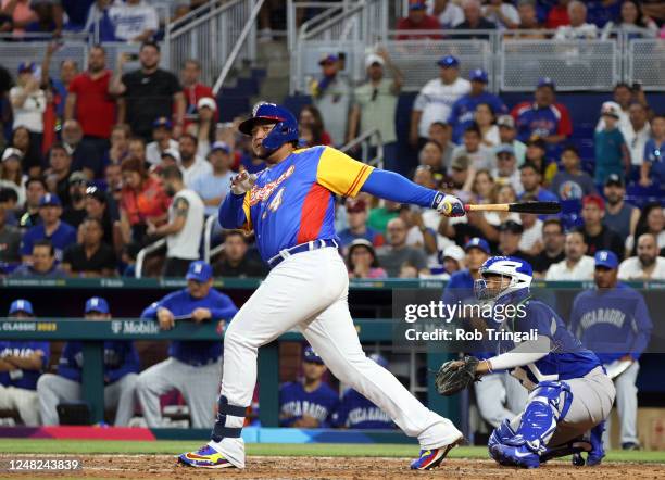 Miguel Cabrera of Team Venezuela bats during Game 7 of Pool D between Team Nicaragua and Team Venezuela at loanDepot Park on Tuesday, March 14, 2023...