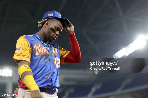 Ronald Acuña Jr. #42 of Team Venezuela is seen during Game 7 of Pool D between Team Nicaragua and Team Venezuela at loanDepot Park on Tuesday, March...