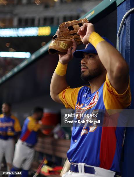 Anthony Santander of Team Venezuela is seen in the dugout during Game 7 of Pool D between Team Nicaragua and Team Venezuela at loanDepot Park on...