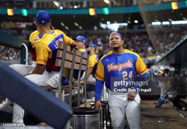 Miguel Cabrera of Team Venezuela is seen in the dugout during Game 7 of Pool D between Team Nicaragua and Team Venezuela at loanDepot Park on...