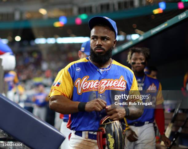 Luis Rengifo of Team Venezuela is seen in the dugout during Game 7 of Pool D between Team Nicaragua and Team Venezuela at loanDepot Park on Tuesday,...