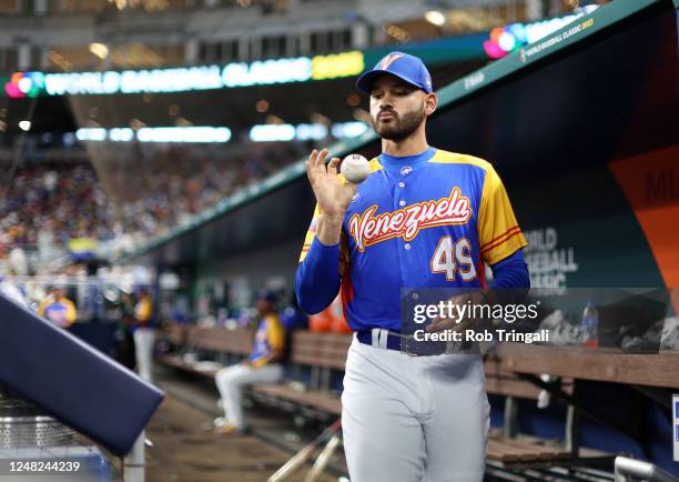 Pablo López of Team Venezuela is seen in the dugout during Game 7 of Pool D between Team Nicaragua and Team Venezuela at loanDepot Park on Tuesday,...