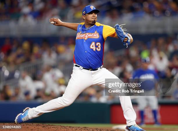 Enmanuel De Jesus of Team Venezuela pitches during Game 7 of Pool D between Team Nicaragua and Team Venezuela at loanDepot Park on Tuesday, March 14,...