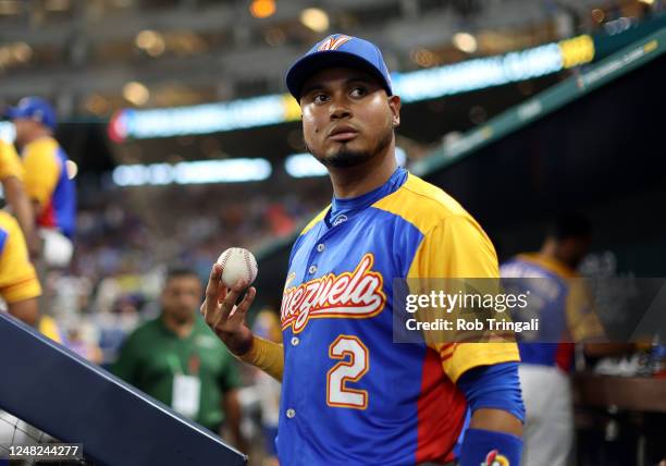 Luis Arráez of Team Venezuela is seen in the dugout during Game 7 of Pool D between Team Nicaragua and Team Venezuela at loanDepot Park on Tuesday,...