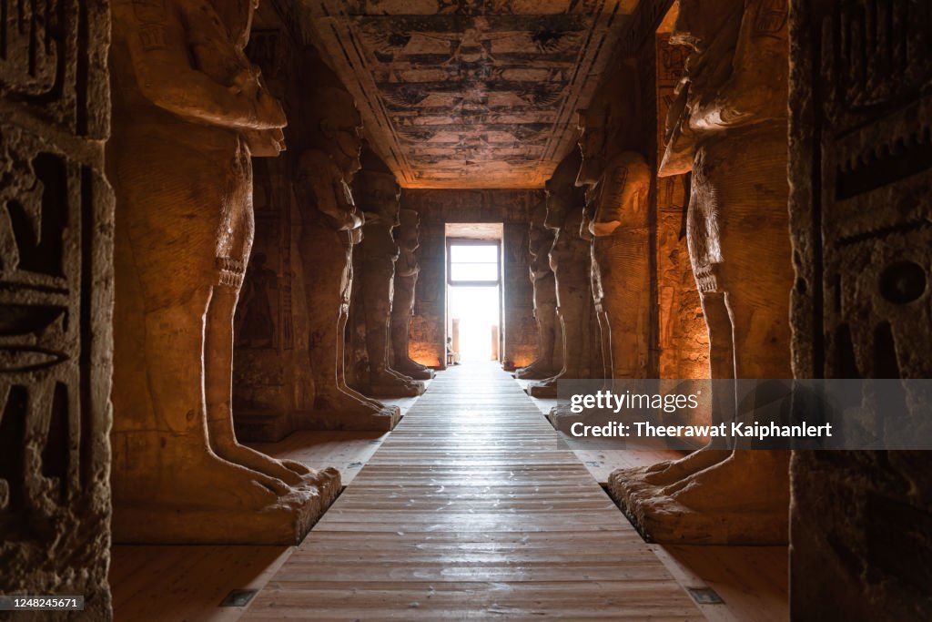 Ancient statues inside the corridor of the great temple of Ramses II in Abu Simbel Egypt