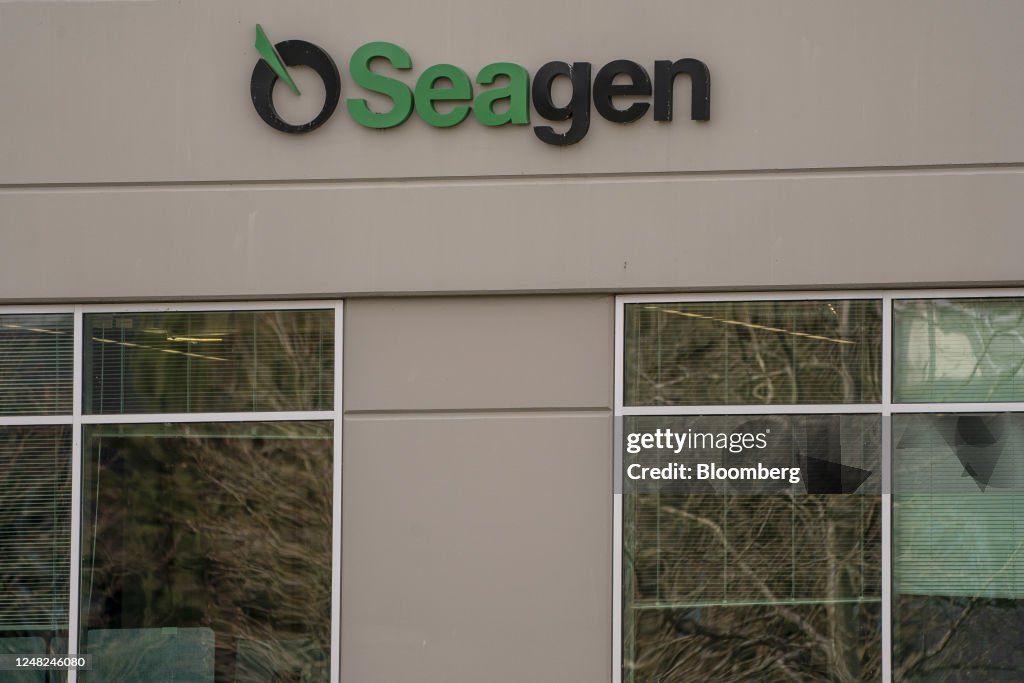 Seagen Change Signage outside Seagen headquarters in Bothell, Washington, US, on ...