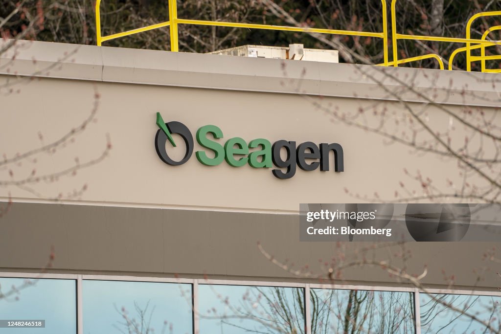 Signage outside Seagen headquarters in Bothell, Washington, US, on