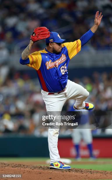 José Quijada of Team Venezuela pitches during Game 7 of Pool D between Team Nicaragua and Team Venezuela at loanDepot Park on Tuesday, March 14, 2023...