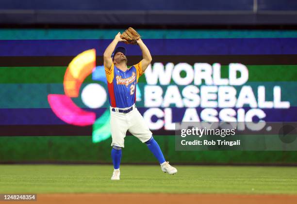 Jose Altuve of Team Venezuela catches a fly ball during Game 7 of Pool D between Team Nicaragua and Team Venezuela at loanDepot Park on Tuesday,...