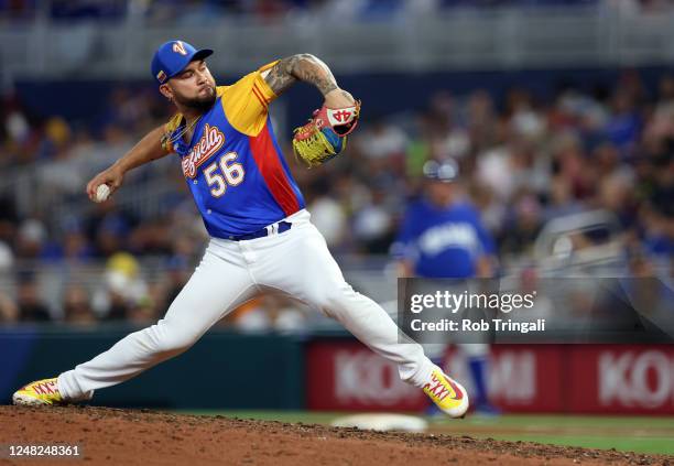 Silvino Bracho of Team Venezuela pitches during Game 7 of Pool D between Team Nicaragua and Team Venezuela at loanDepot Park on Tuesday, March 14,...