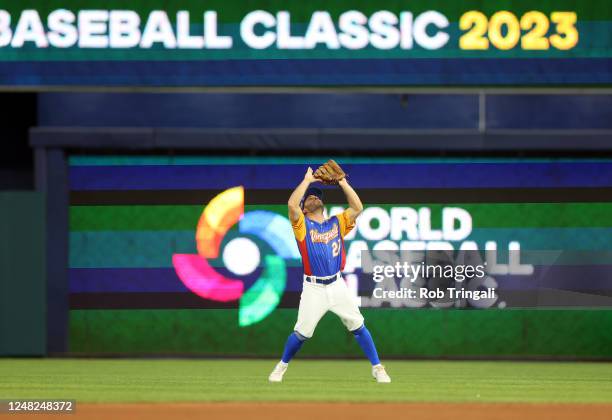 Jose Altuve of Team Venezuela catches a fly ball during Game 7 of Pool D between Team Nicaragua and Team Venezuela at loanDepot Park on Tuesday,...