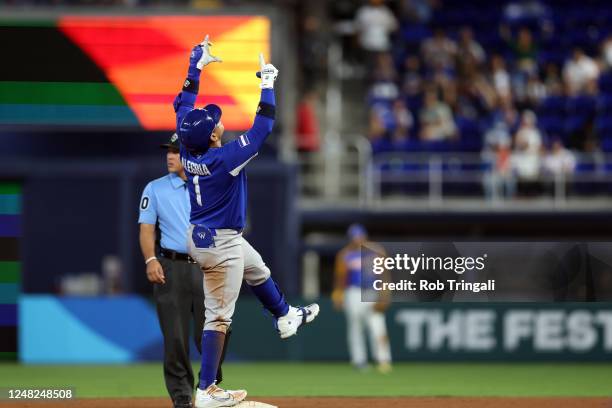 Benjamin Alegria of Team Nicaragua celebrates from second base during Game 7 of Pool D between Team Nicaragua and Team Venezuela at loanDepot Park on...