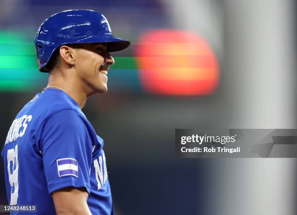 Juan Montes of Team Nicaragua is seen after hitting a double in the seventh inning of Game 7 of Pool D between Team Nicaragua and Team Venezuela at...