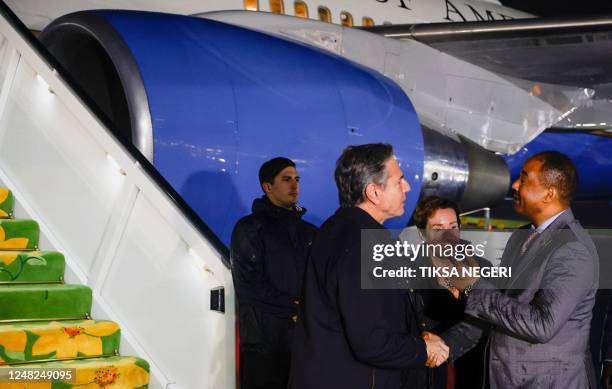 Secretary of State Antony Blinken arrives for an official visit to Ethiopia, at the Bole International airport in Addis Ababa, on March 14, 2023. -...