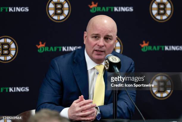 Boston Bruins head coach Jim Montgomery answers a question after a game between the Boston Bruins and the Detroit Red Wings on March 11 at TD Garden...