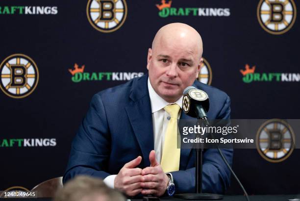 Boston Bruins head coach Jim Montgomery listens to a question after a game between the Boston Bruins and the Detroit Red Wings on March 11 at TD...