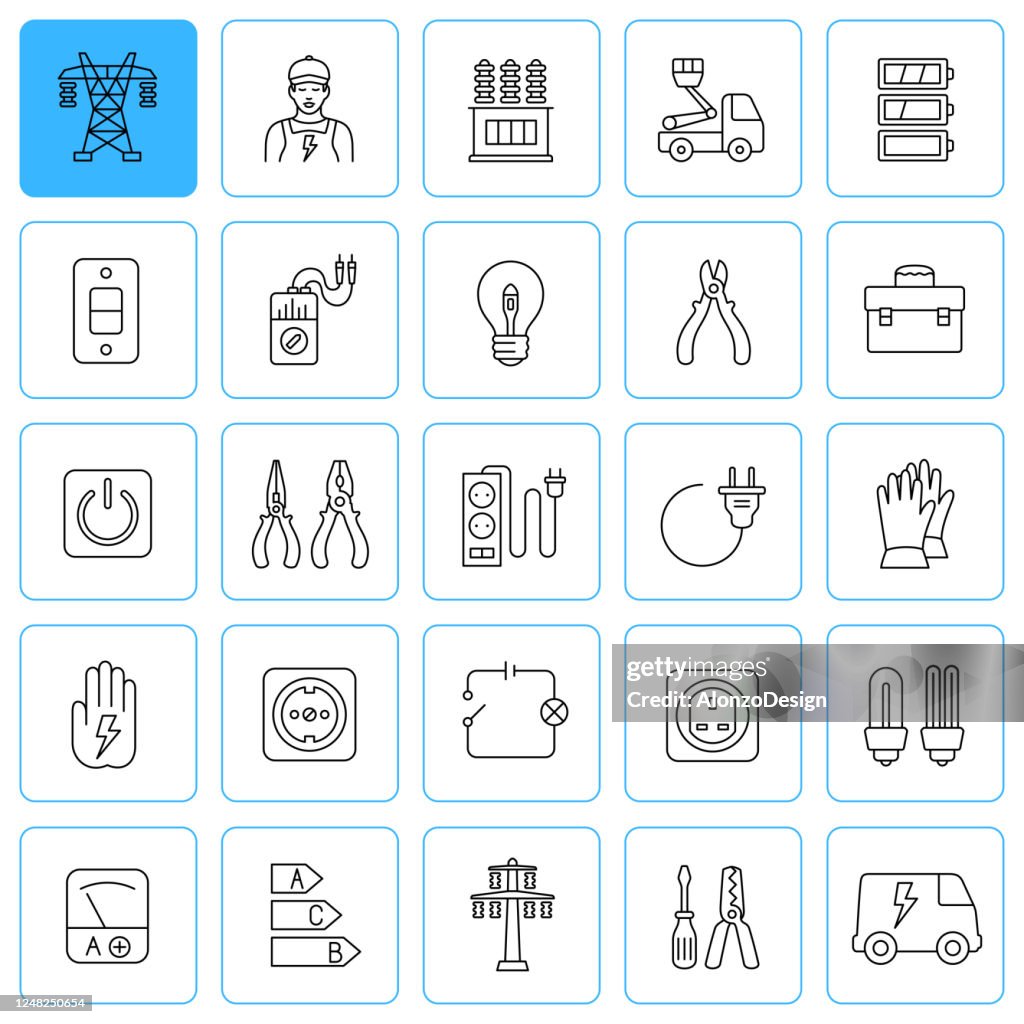 Elektricien en elektriciteitsdiensten. Lijnpictogramset. Bewerkbare lijn.