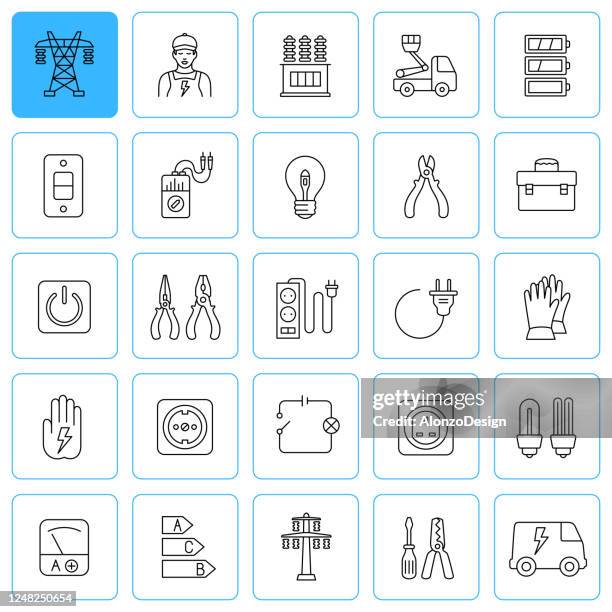 stockillustraties, clipart, cartoons en iconen met elektricien en elektriciteitsdiensten. lijnpictogramset. bewerkbare lijn. - stekkeradapter