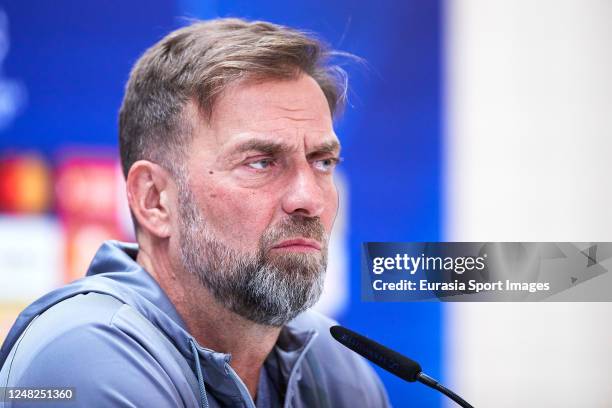 Liverpool FC Head Coach Jurgen Klopp talks during the Press Conference ahead of their UEFA Champions League round of 16 match against Real Madrid at...