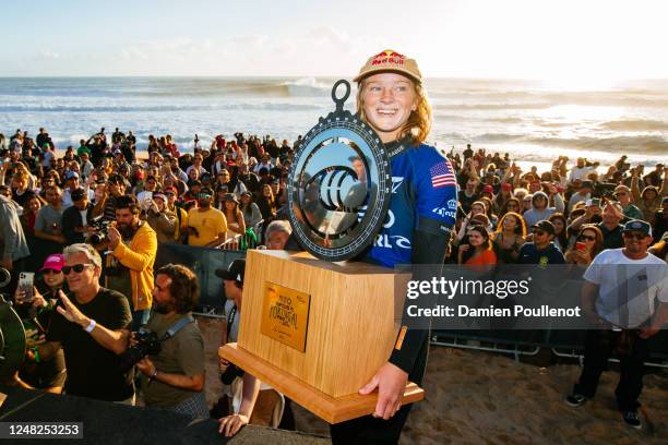 Caitlin Simmers of the United States after winning the MEO Rip Curl Pro Portugal on March 14, 2023 at Peniche, Leiria, Portugal.