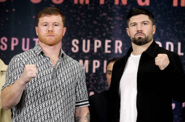 Mexican boxer Canelo Alvarez and English boxer John Ryder pose for a picture during a press conference to present their fight on May 6, in Zapopan,...